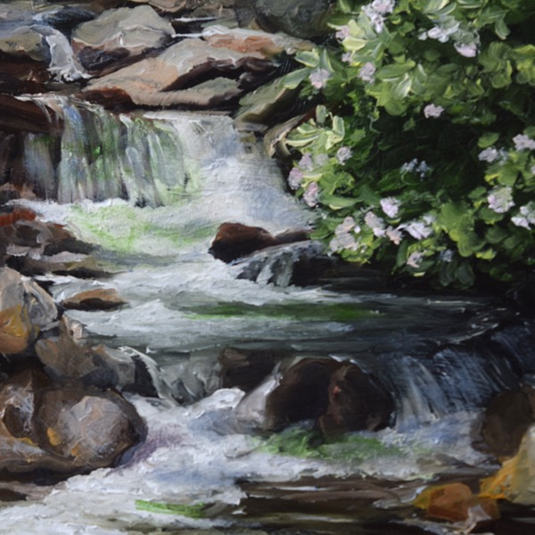 Detail of Abrams Creek — brushwork on the falling water and wet stone
