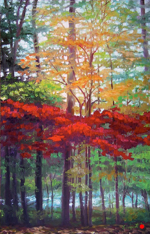 Bold — a tall autumn forest of scarlet and gold foliage against dark trunks. A small red dot indicates this painting has found a home.