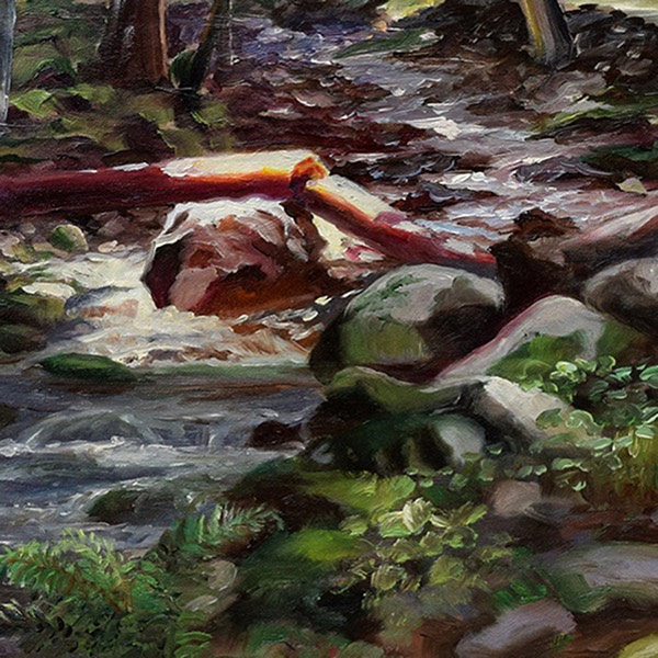 Detail of Broken — brushwork on the fallen log and moving water