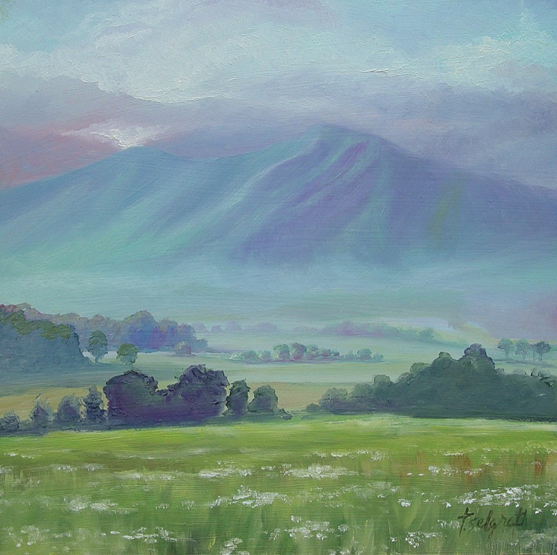 Glimmer of Hope — a misty blue Smoky Mountain rising above a green wildflower meadow