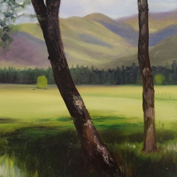 Detail of Into the Light — brushwork on the sunlit meadow and distant ridgeline