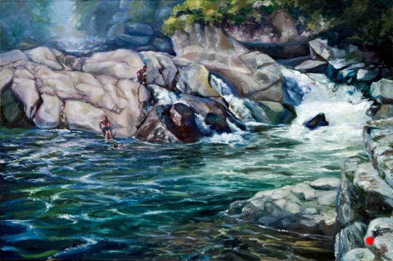 Jump — oil painting of The Sinks swimming hole on the Little River, pale boulders around a deep green pool