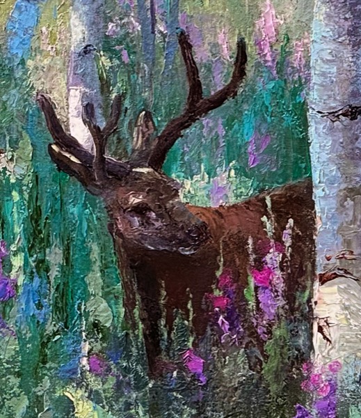 Detail of Brunch With the Boys — knife-work on the deer and dappled aspen light