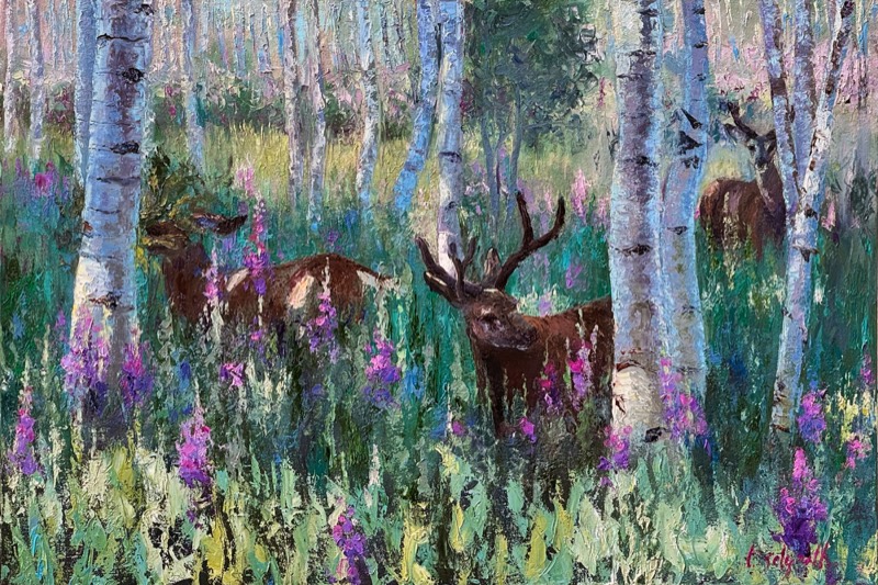 Brunch With the Boys — three deer grazing in dappled sunlight among the white trunks of aspens, wildflowers around them beneath the Tetons