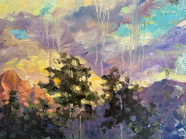 Detail of Tetons Gone Wild — loose, expressive brushwork on the range and valley