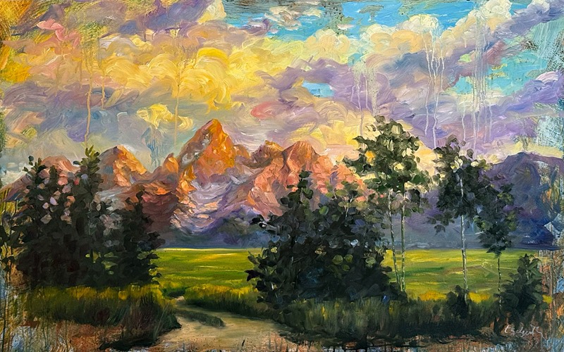 Tetons Gone Wild — a large, loose oil painting of the Grand Teton range seen from Shadow Mountain, the peaks catching warm evening color above the golden valley