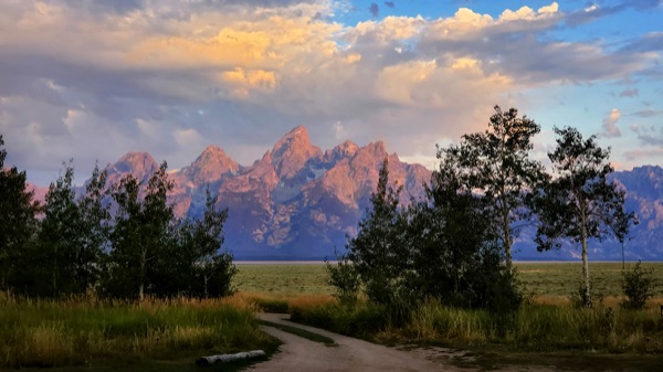 Reference photo — the Teton range at sunset seen from Shadow Mountain, pink alpenglow on the peaks above the campground road