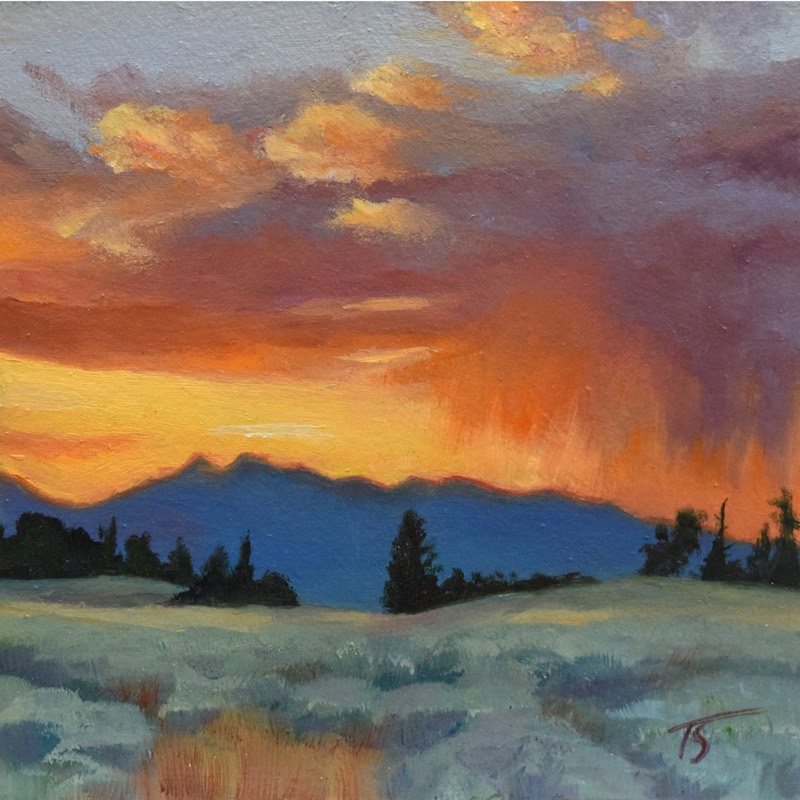 Rainy Sunset in the Tetons — a small square oil of a rain shower cutting through a vibrant sunset sky above Eagle Rest Peak, the Tetons dark against the last light
