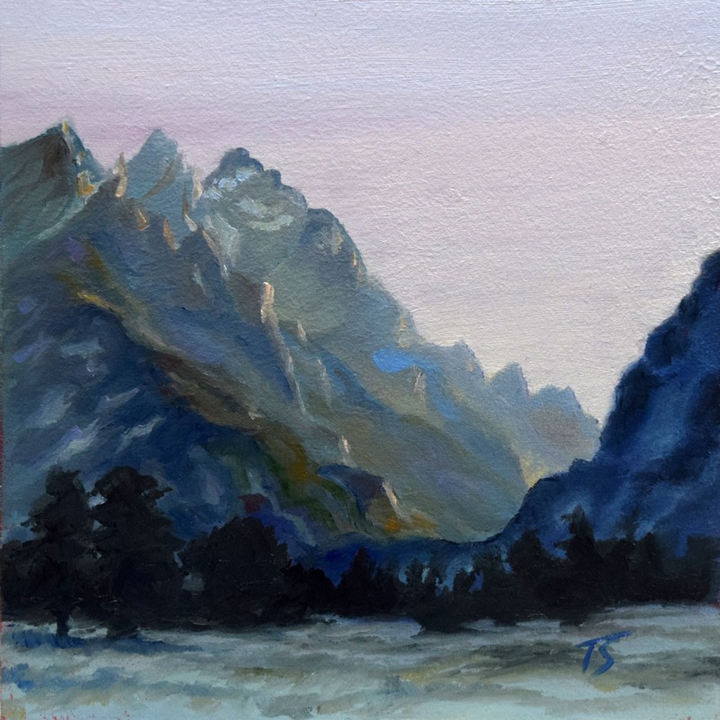 Teton Twilight — a small square oil of the sun's last rays streaming through a gap in the Teton peaks near Jenny Lake at dusk