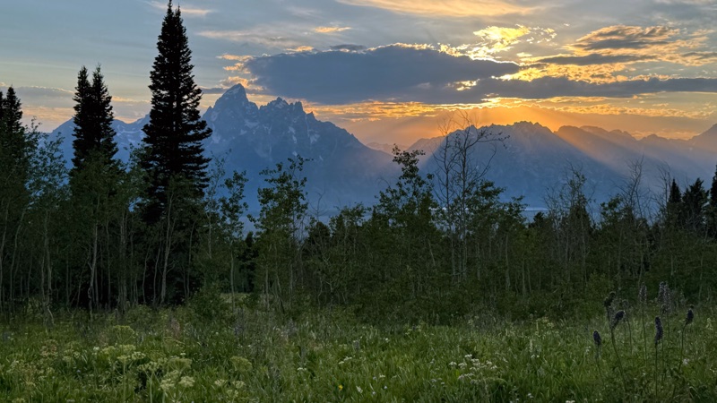 The Teton Range rising straight up from the golden sagebrush valley of Jackson Hole at first light