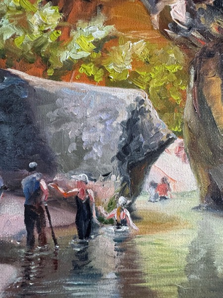Detail of Eons — brushwork close-up showing the painted boulders and water