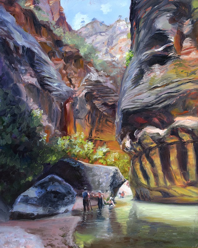 Eons — oil painting of a boulder-strewn canyon with small figures wading into the river