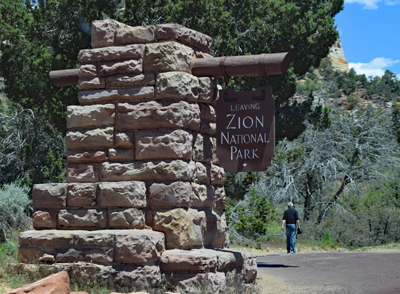 The 'Leaving Zion National Park' sign at the park boundary