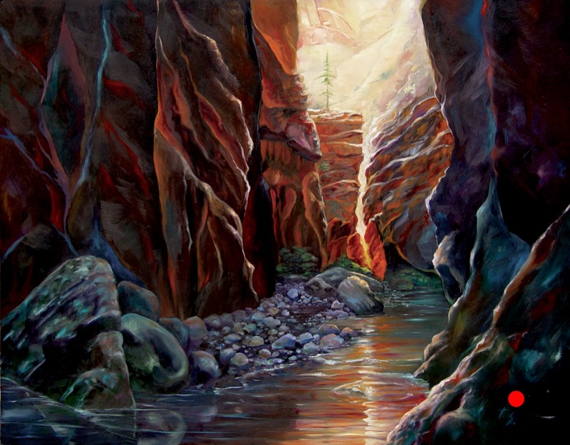The Light — oil painting of a slot canyon at Zion with a shaft of light at the back, water reflecting orange and gold below. A small red dot in the lower right indicates this painting has sold.