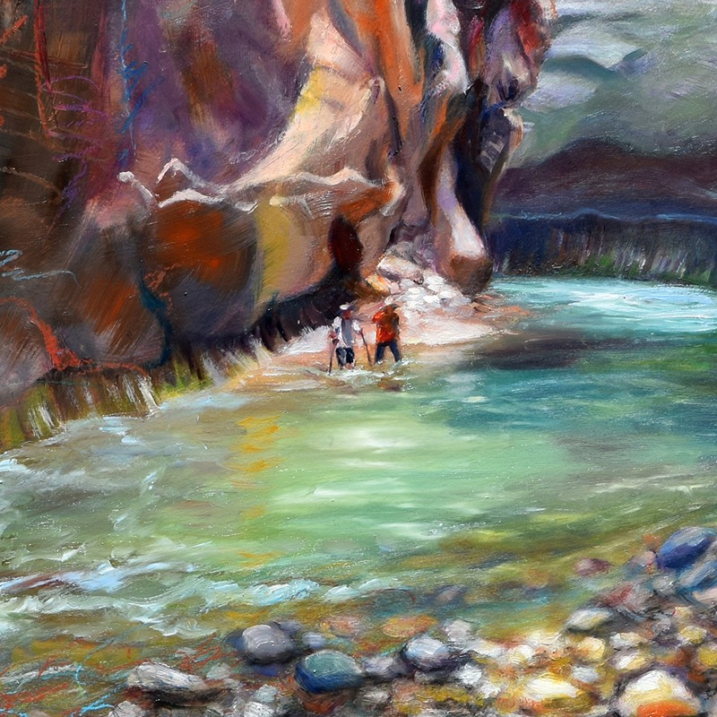 Close-up of Turning Back — brushwork on the sandstone wall
