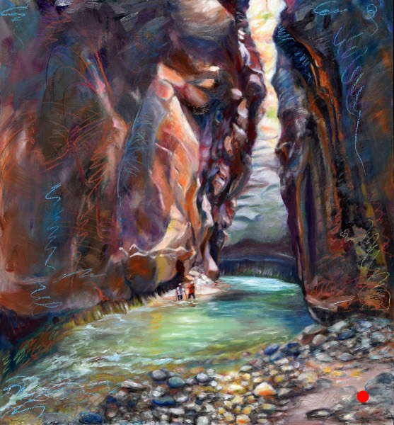 Turning Back — oil painting of a narrowing slot canyon. A small red dot in the corner marks this painting as not currently available.